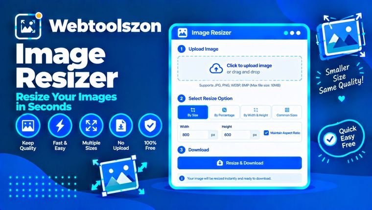 Screenshot of the Webtoolszon image resizer interface showing dimension and quality controls