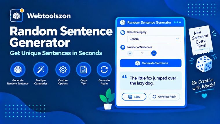 Screenshot of the Webtoolszon random sentence generator tool, showing generated example sentences